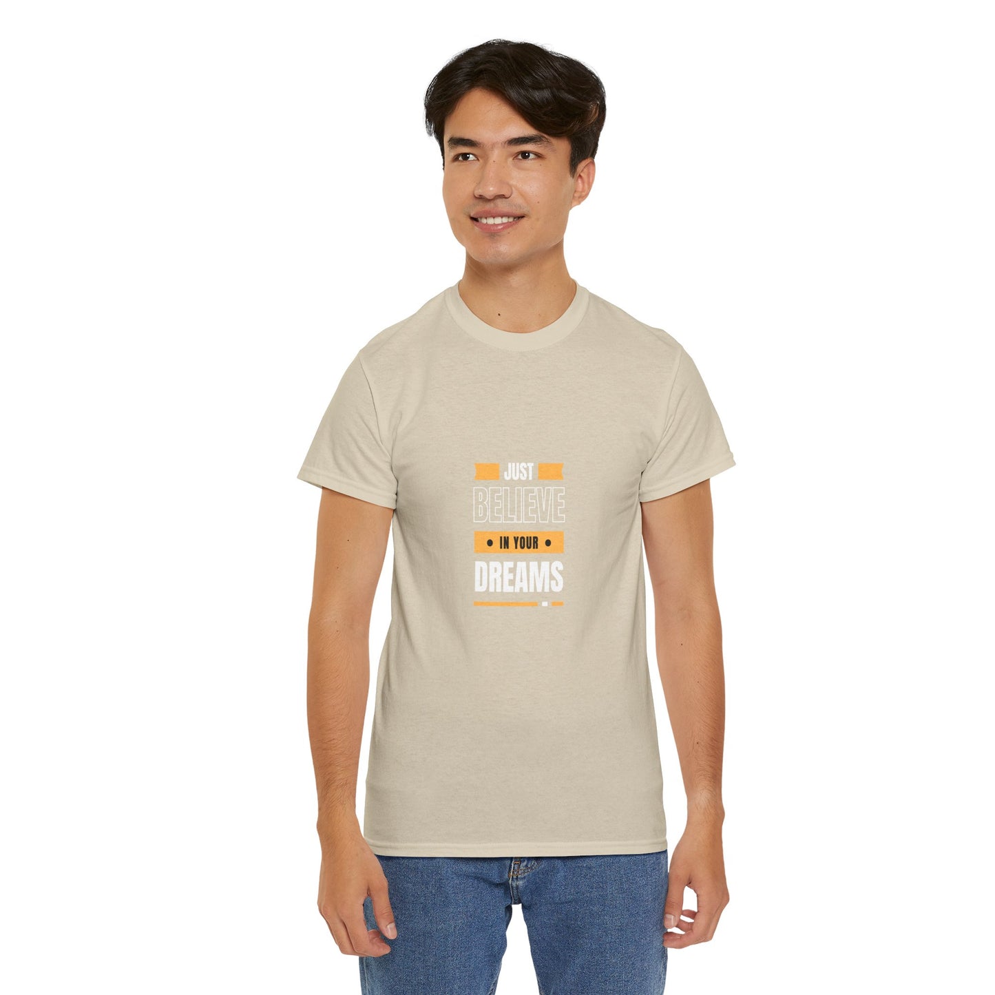 Believe in Your Dreams T-shirt (White and Orange Print)