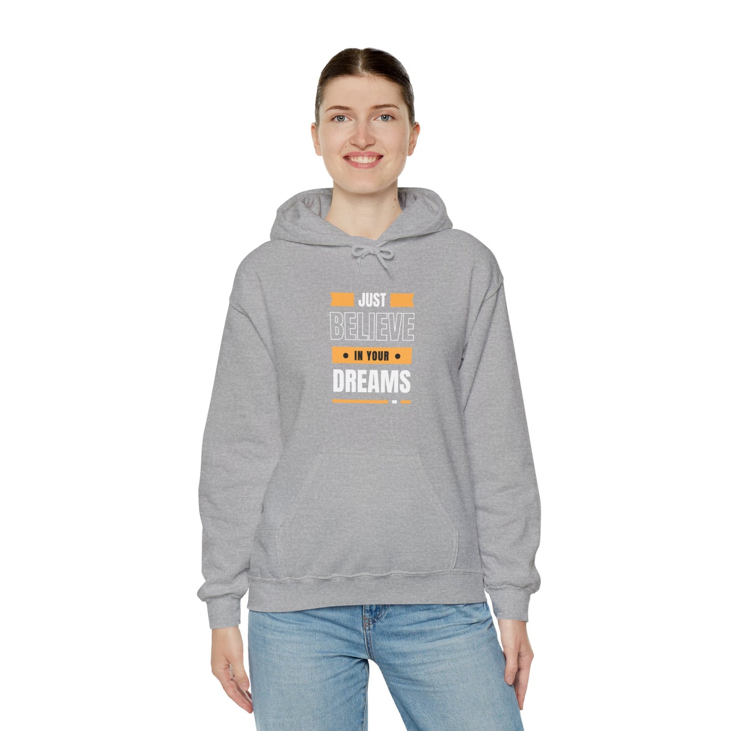 Believe in Your Dreams Hoodie (White and Orange Print)