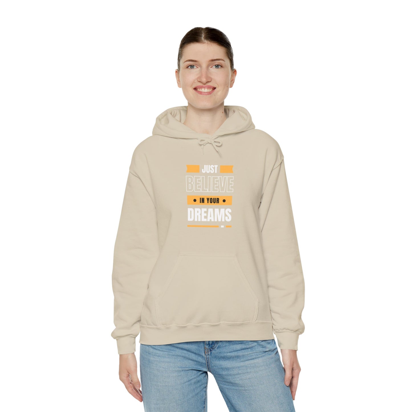 Believe in Your Dreams Hoodie (White and Orange Print)