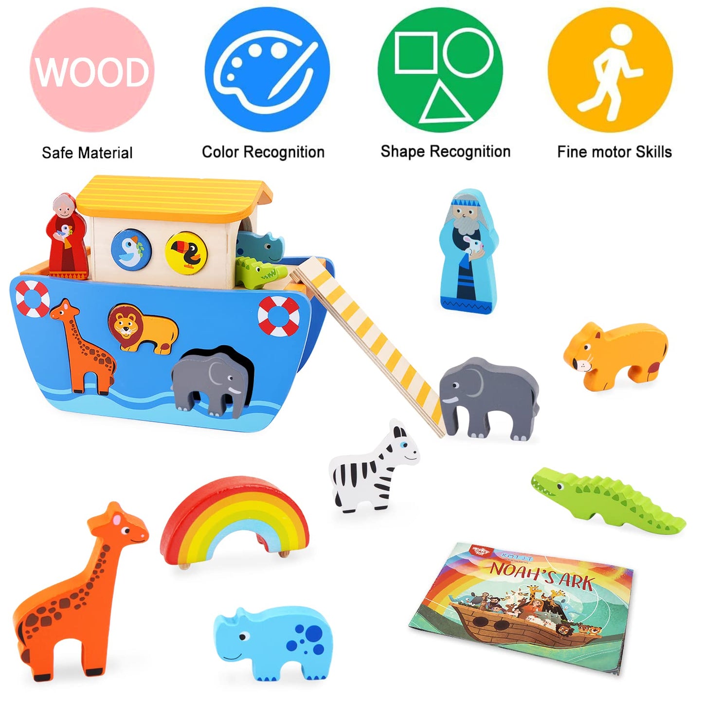 Wooden Noah's Ark Toy Animal Playset with Bible Story Book