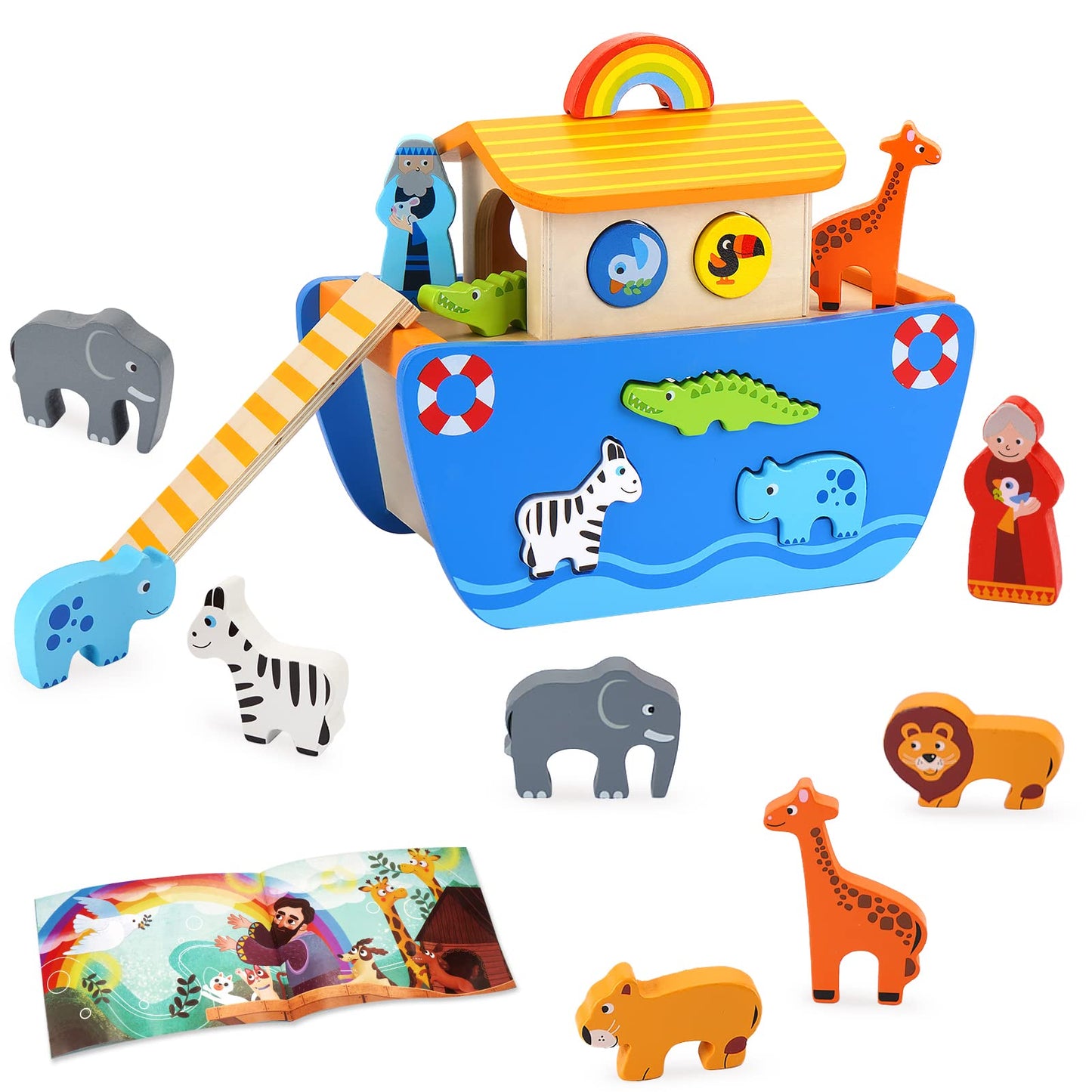Wooden Noah's Ark Toy Animal Playset with Bible Story Book