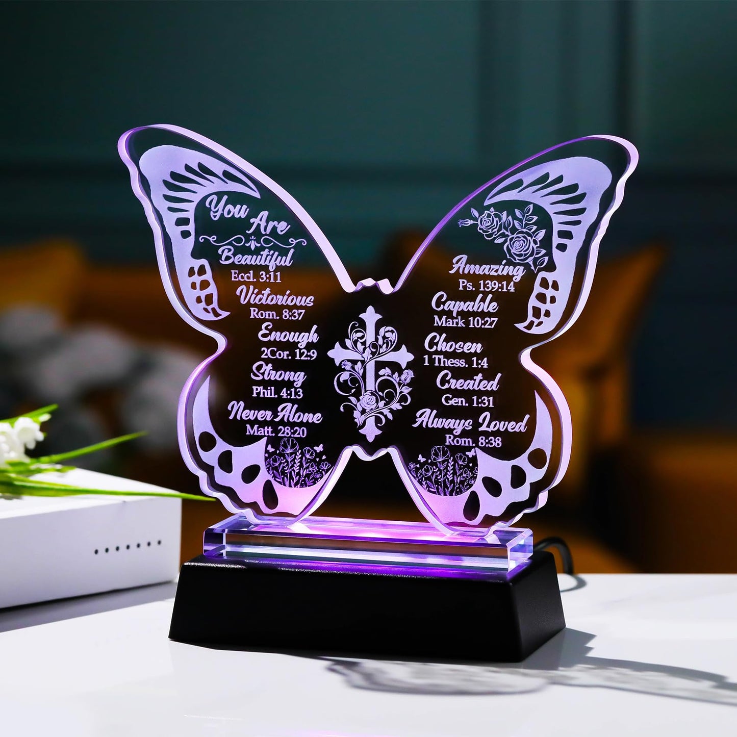 Christian Glass Engraved Butterfly Statue Plaque with LED Light Base