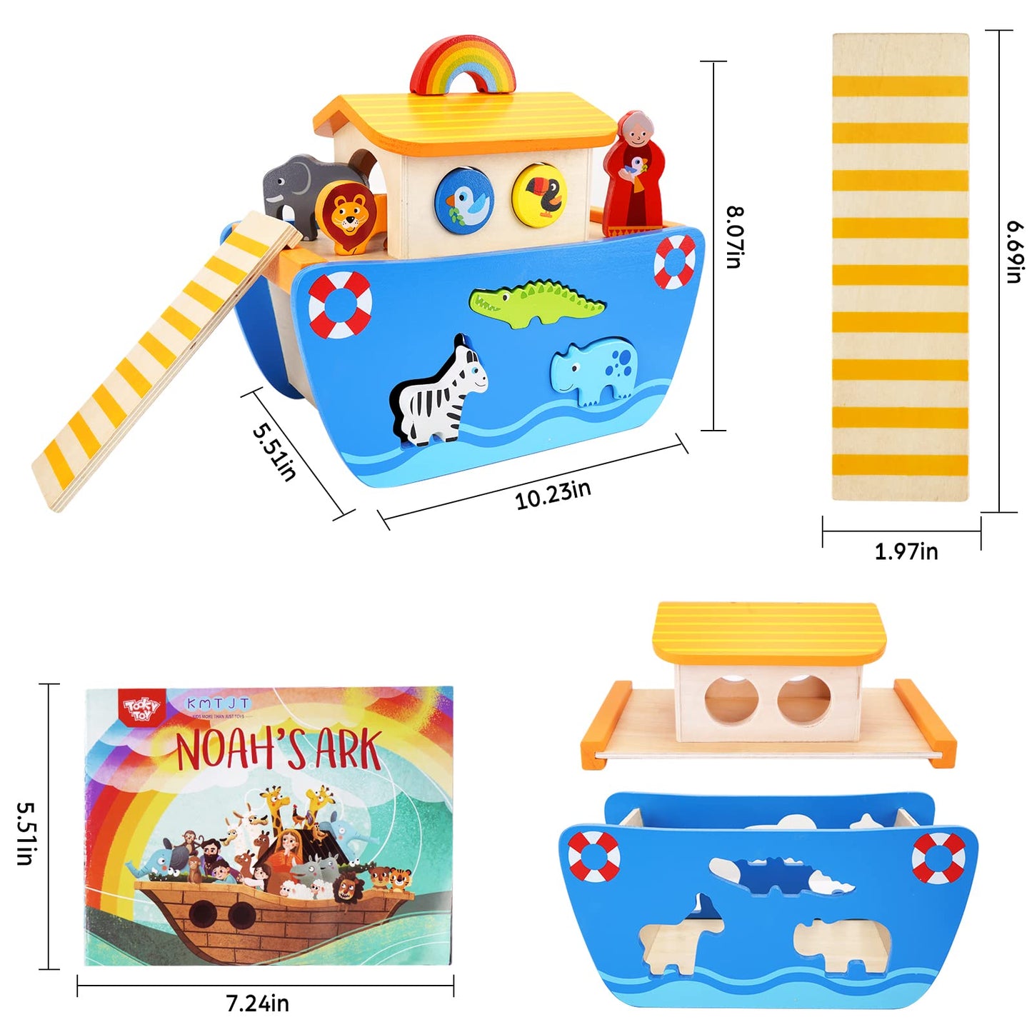 Wooden Noah's Ark Toy Animal Playset with Bible Story Book