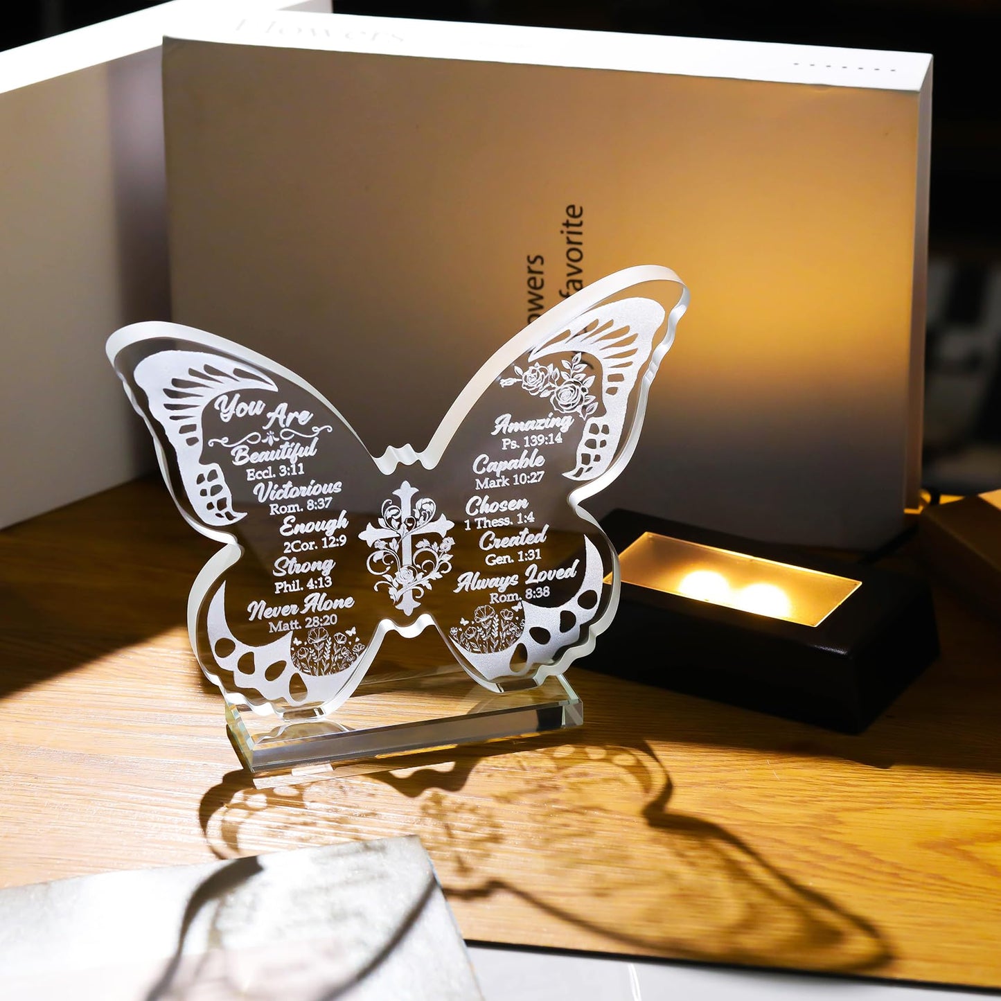Christian Glass Engraved Butterfly Statue Plaque with LED Light Base