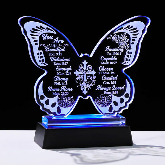 Christian Glass Engraved Butterfly Statue Plaque with LED Light Base