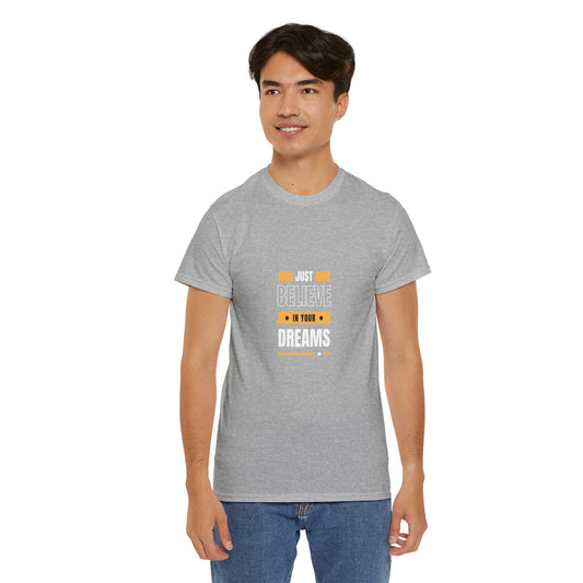 Believe in Your Dreams T-shirt (White and Orange Print)