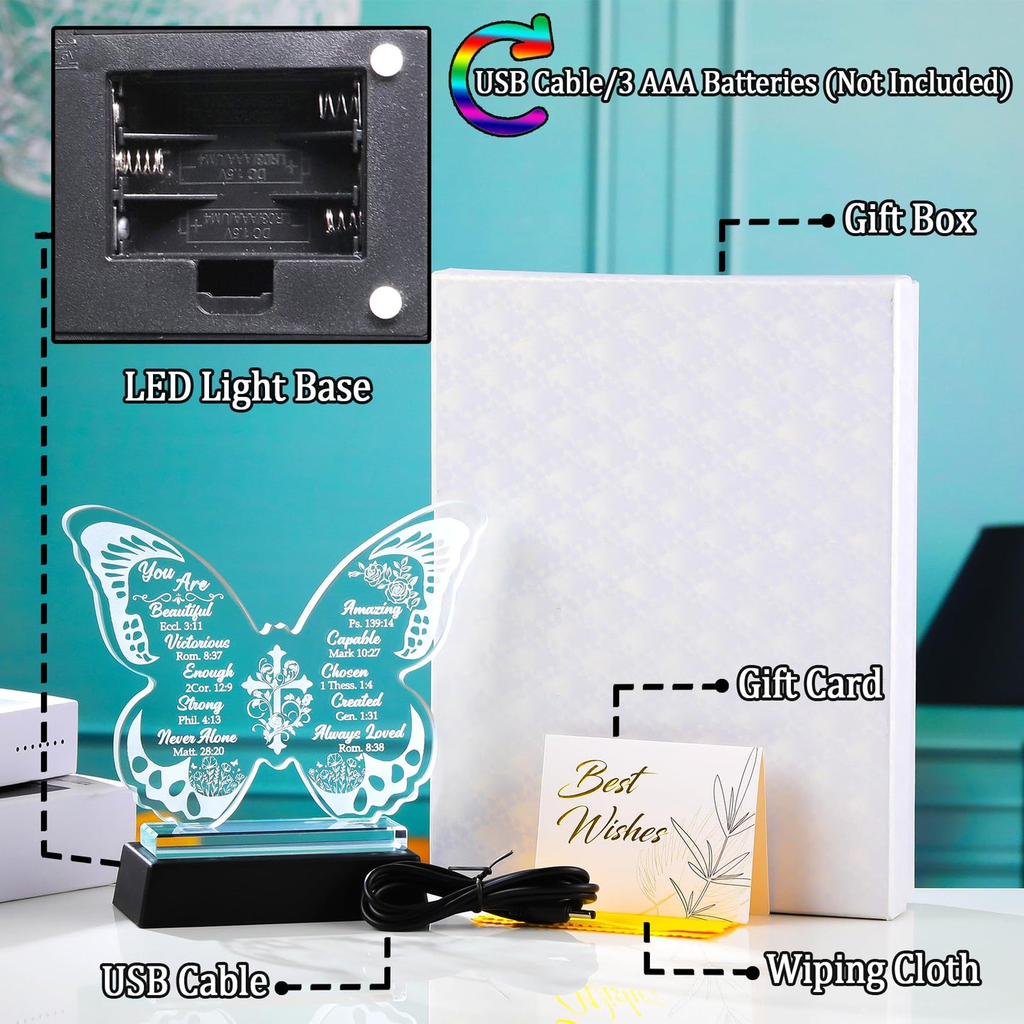 Christian Glass Engraved Butterfly Statue Plaque with LED Light Base