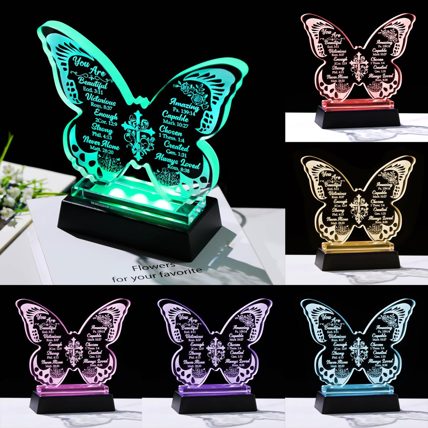 Christian Glass Engraved Butterfly Statue Plaque with LED Light Base